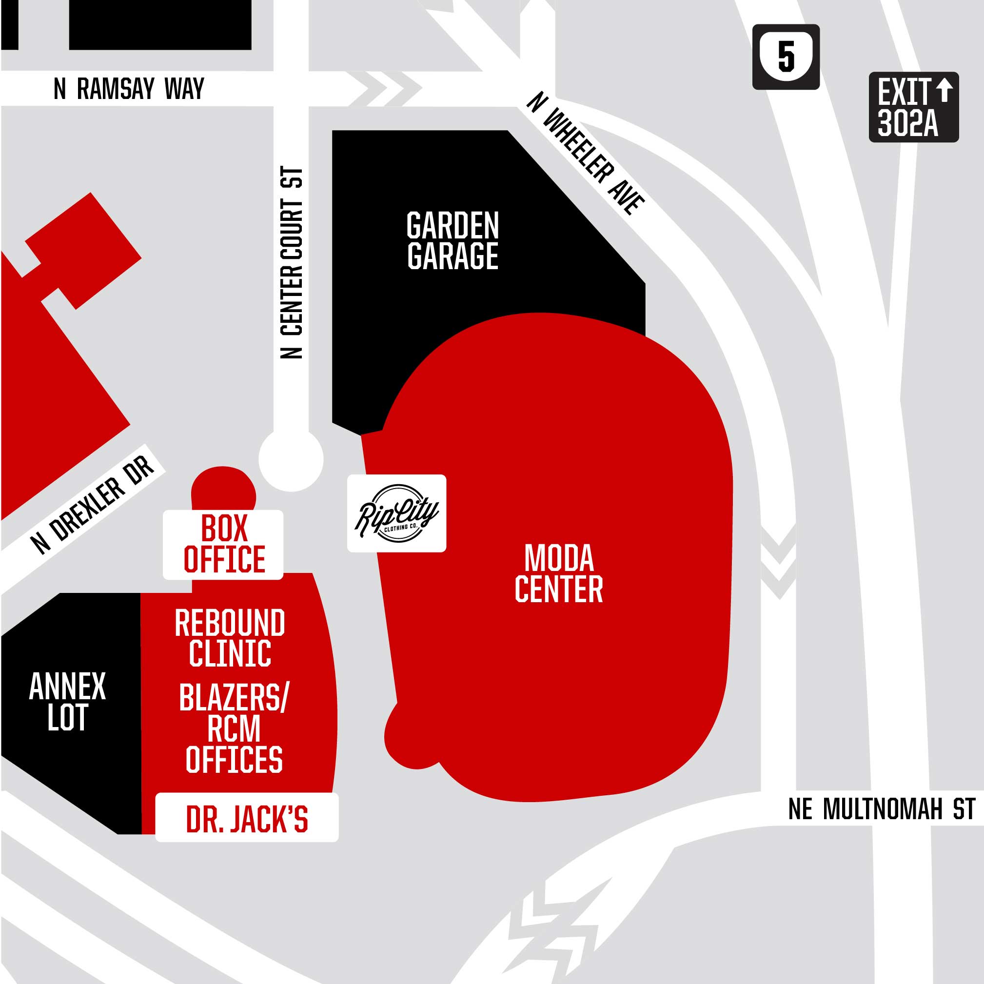map of moda center and rip city clothing