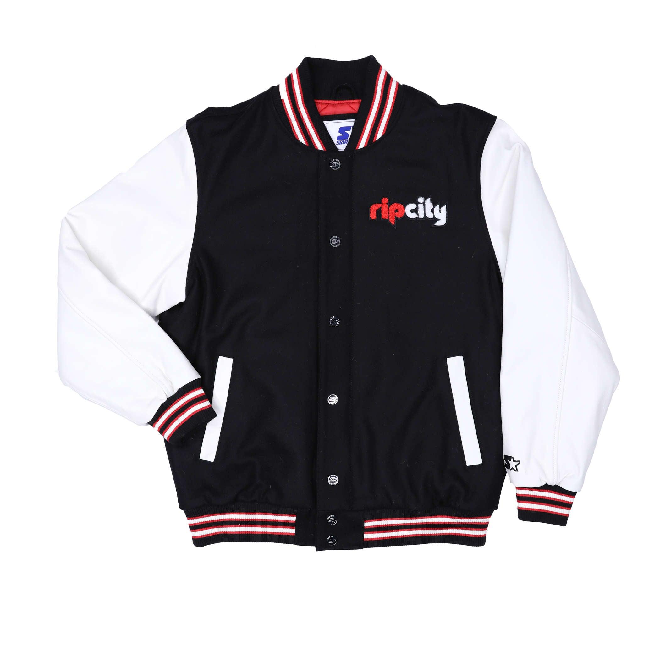 portland trail blazers gear Portland Trail Blazers Starter Prospect Retro Varsity Jacket Black Wool Blend With White Leather Sleeves L
