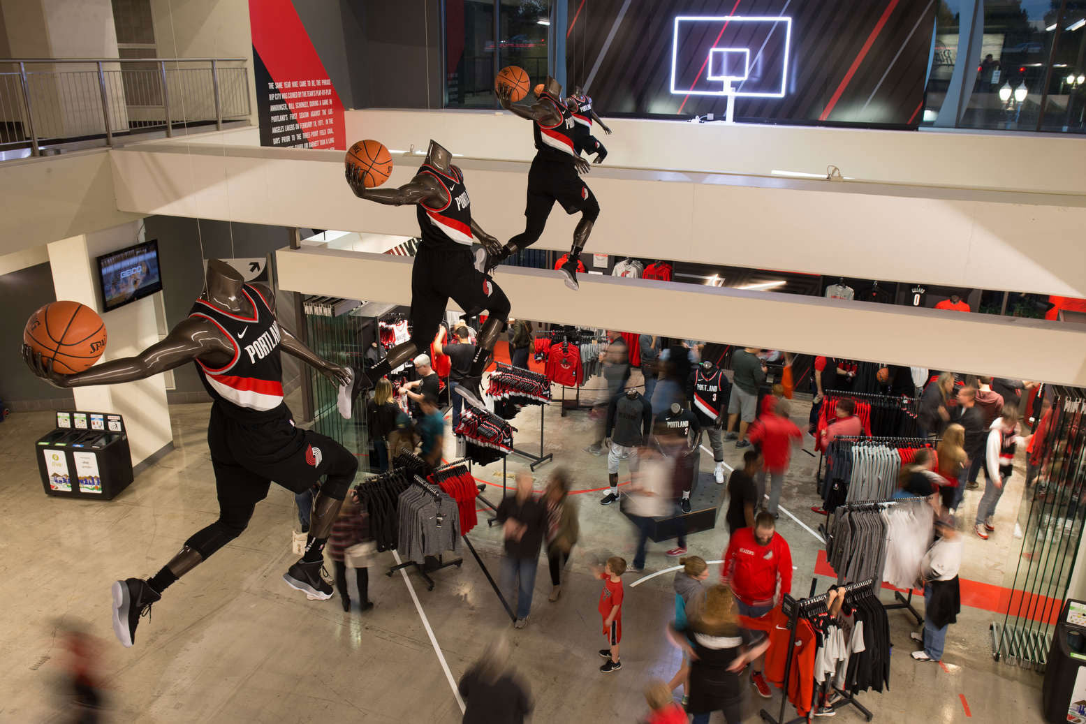 basketball mannequins flying through air