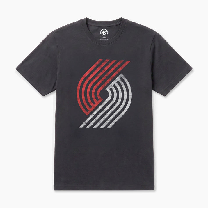 A dark charcoal gray crewneck t-shirt featuring a distressed graphic of the Portland Trail Blazers logo in red and white on the front, with a visible '47 brand logo printed inside the collar.