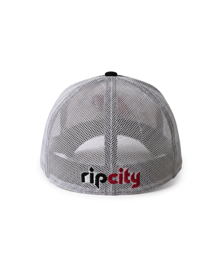 A gray mesh-back trucker cap with 'rip city' printed on the front in black and red, shown against a plain white background.