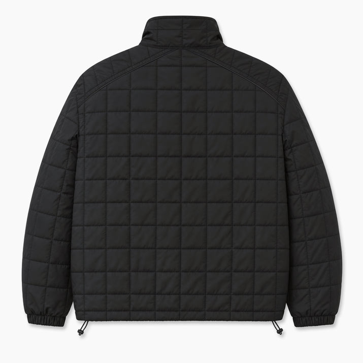Black quilted jacket with a stand-up collar, shown from the back on a light gray background.