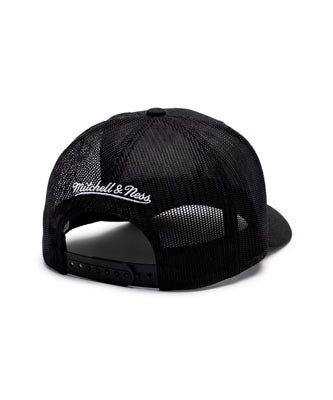 A black Mitchell & Ness trucker cap shown from the back, featuring a black mesh back and a white embroidered logo on the left side, set against a plain white background.
