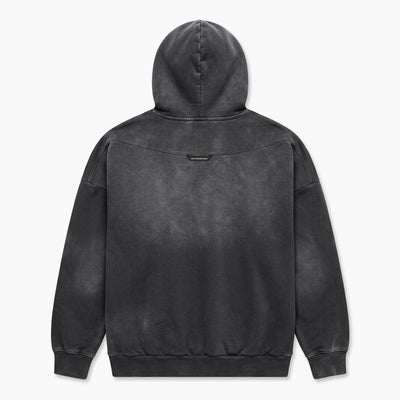 A dark gray washed hooded sweatshirt shown from the back, featuring a faded mineral-wash texture and ribbed cuffs and hem, set against a plain white background.