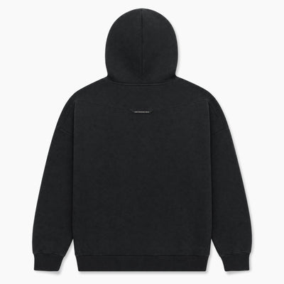 A black hooded sweatshirt shown from the back, featuring a subtle tonal embroidered logo on the upper back, set against a clean white background.