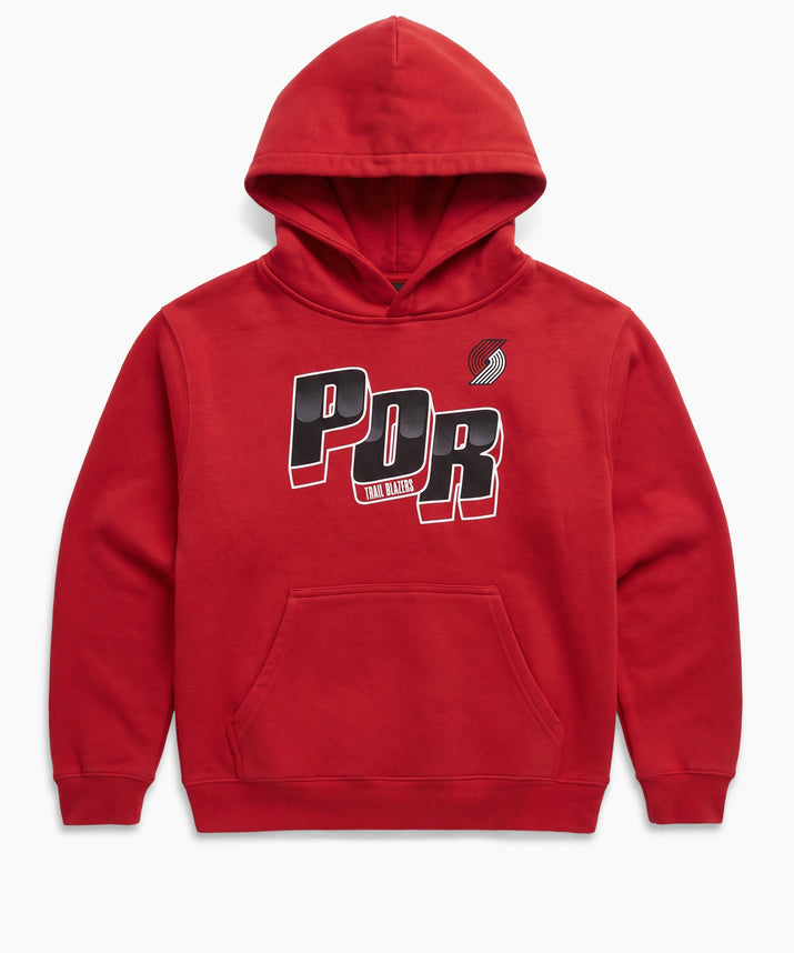 A red pullover hoodie with a front kangaroo pocket and a graphic on the chest. The graphic features the letters 'POR' in black with a white outline, and a small gray and white striped flag icon above it.