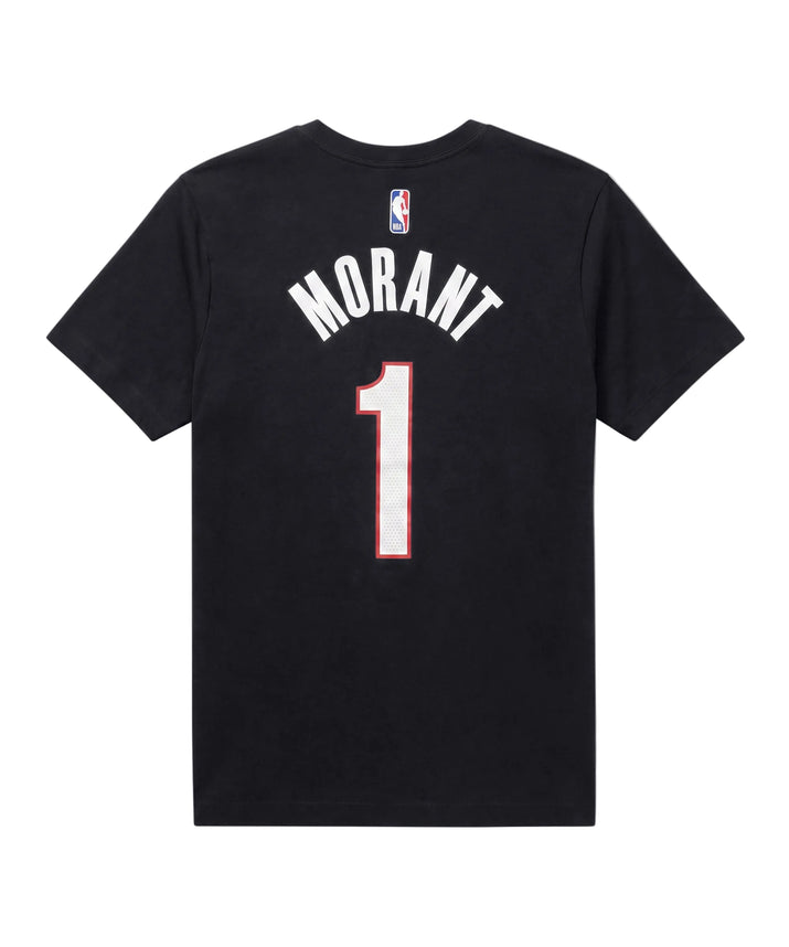 A black short-sleeve t-shirt shown from the back, featuring 'MORANT' and the number '1' printed in white with a red outline, and an NBA logo above the text.