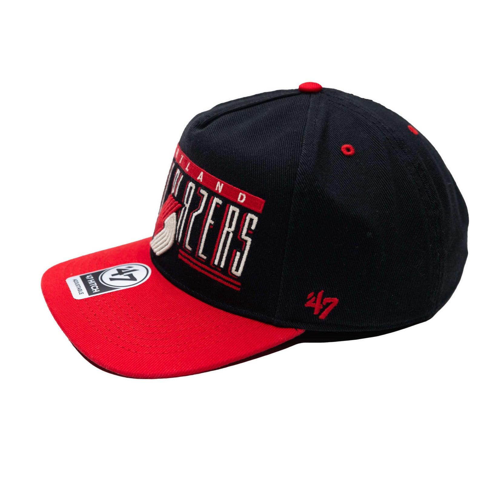 A 47 Brand Blazers Double Baseline Black and Red Snapback cap showcasing the Trail Blazers logo and name on the front.  Side view