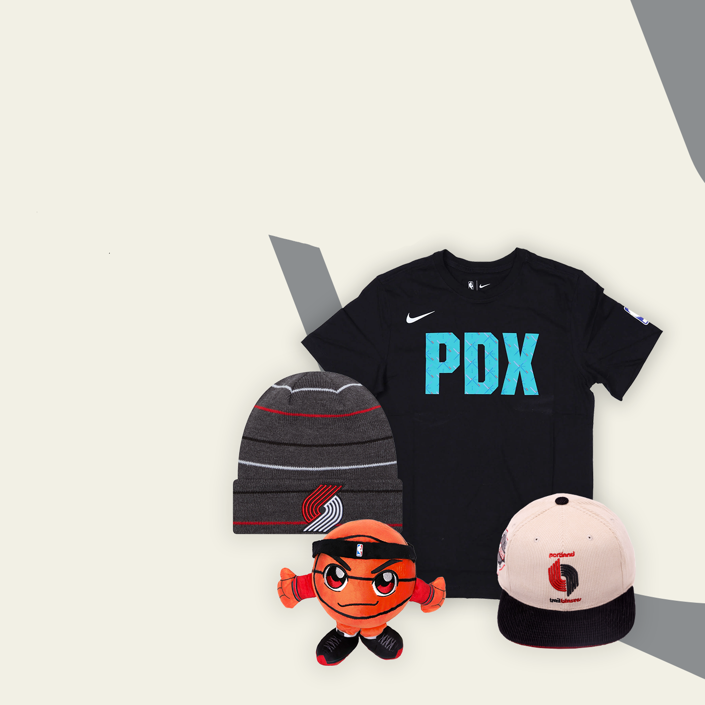Gifts under $50 from The Fan Edit with t-shirt, beanie, plush toy, and cap.