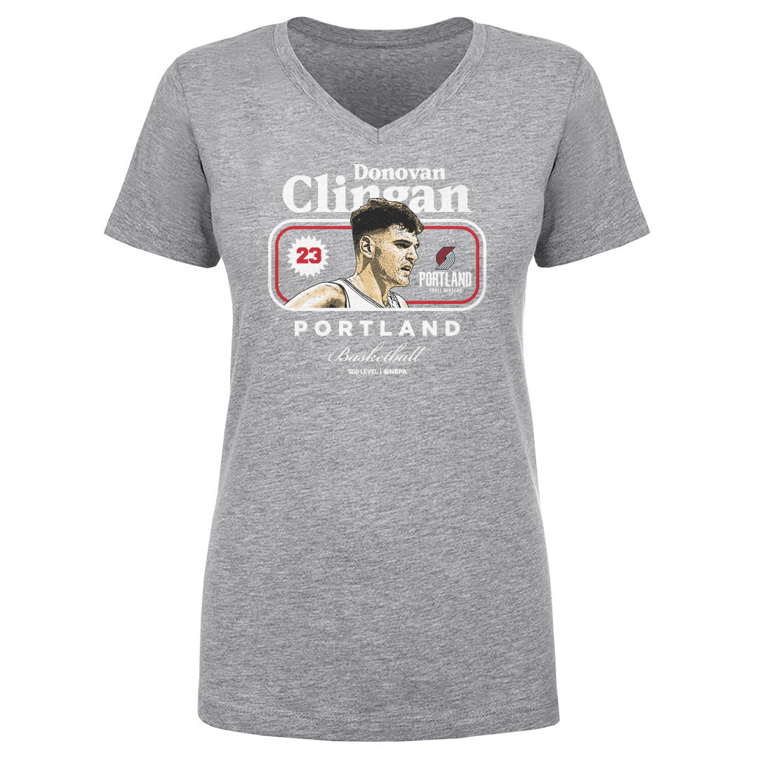 Donovan Clingan Portland Trail Blazers Cover Women's V-Neck Tee Women's V-Neck T-Shirt Heather Gray