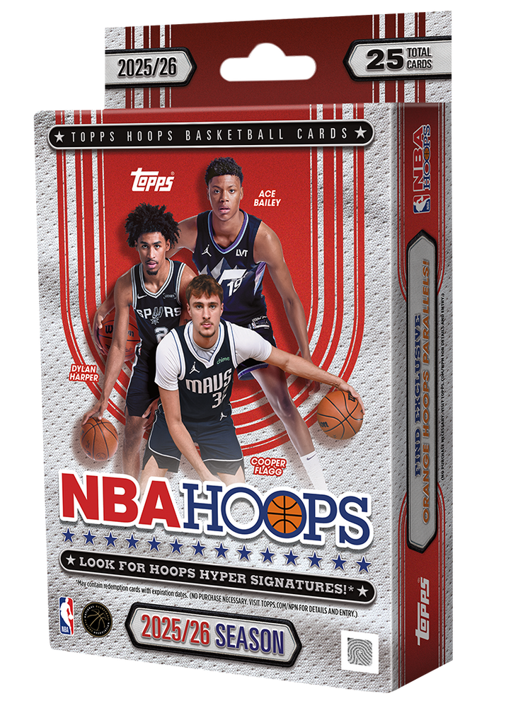 Topps 2025/26 NBA Hoops basketball card trading card box, featuring three basketball players on the front, with 'Topps' and 'NBA Hoops' branding and '25 Total Cards' at the top.