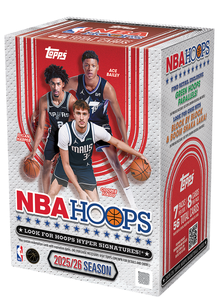 A box of Topps NBA Hoos 2025/26 Season collectible basketball trading cards, featuring player photos of George Hill, Jalen Rose, and Ace Bailey on the front.