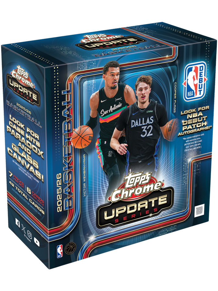 Topps Chrome Update Series 2025 NBA Basketball trading card box featuring San Antonio and Dallas Mavericks players on the front, with blue, black, and red packaging.